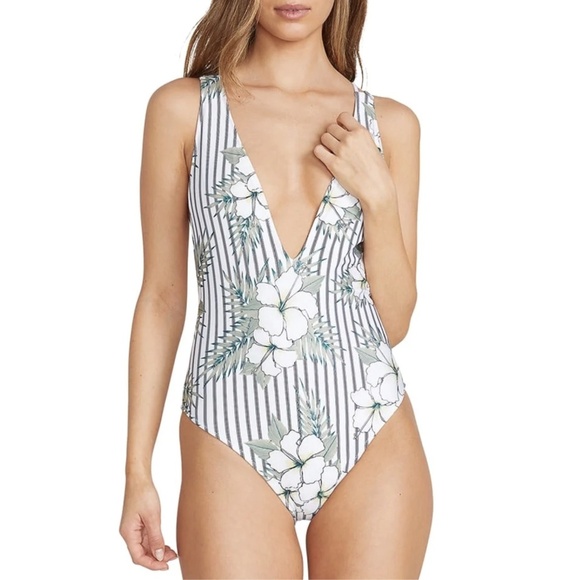 NEW Volcom So Tropical Hibiscus Floral Striped Plunging Neck One Piece Swimsuit - Picture 3 of 4
